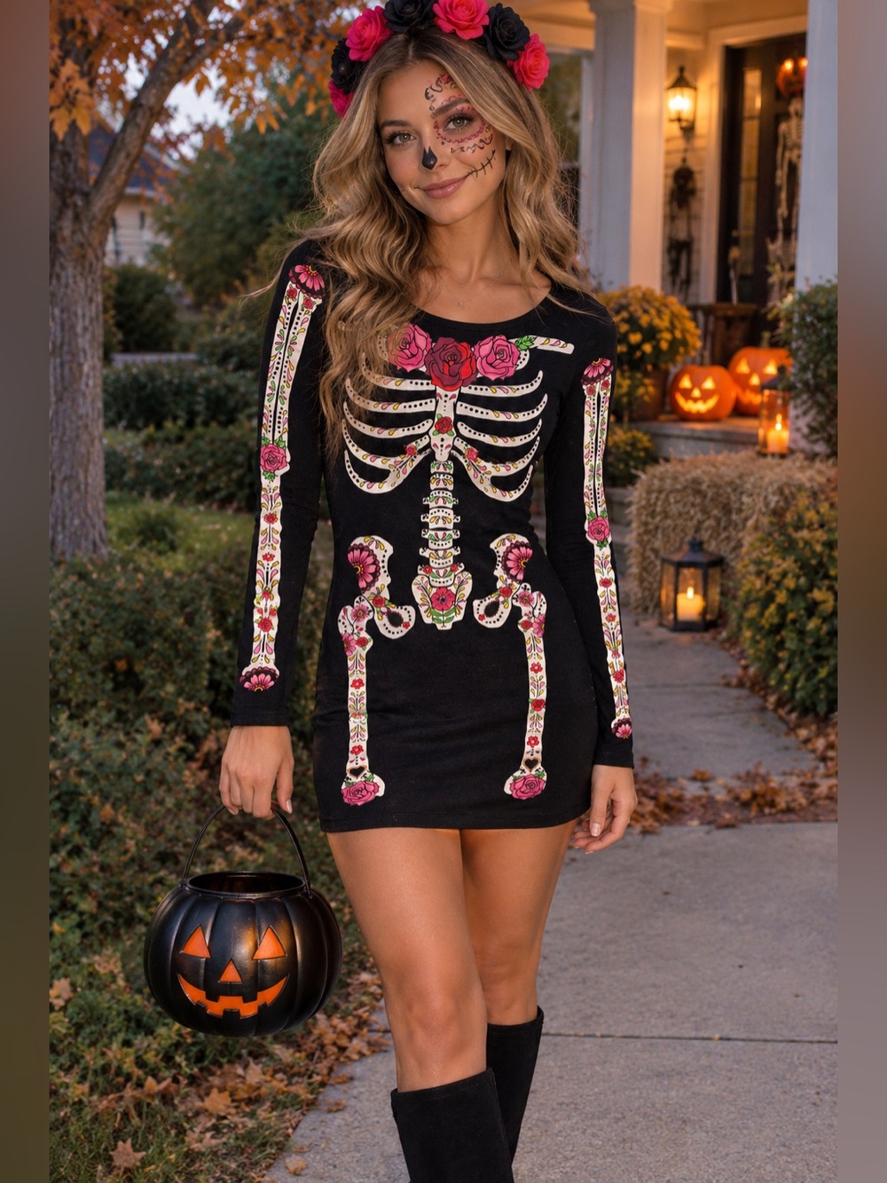 Divided Long Sleeve Black Skeleton Dress